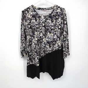 LOGO Lori Goldstein Top‎ Black Floral Asymmetrical Hem Womens Small